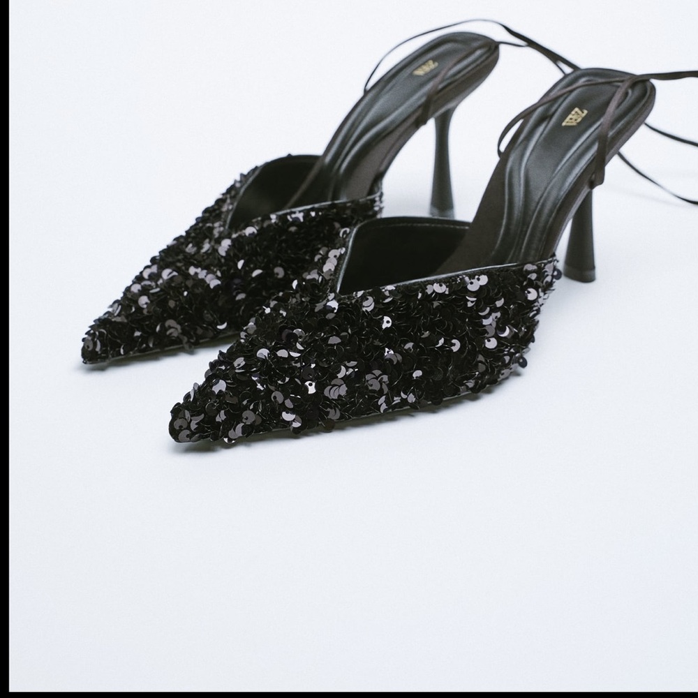 Sequins lace up heeled pointy shoes